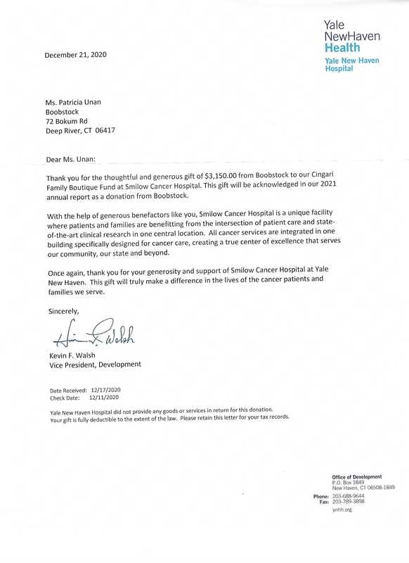 Thank you letter from Smilow Cancer Hospital — 2020